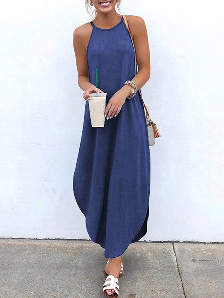 Casual Solid Color Sling Sleeveless Denim Maxi Dress