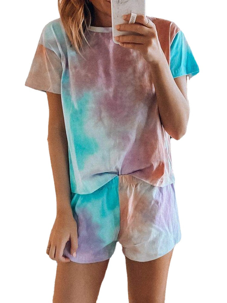 Tie Dye Print Loungewear Set Dradient Short Sleeve Two Piece Pajamas