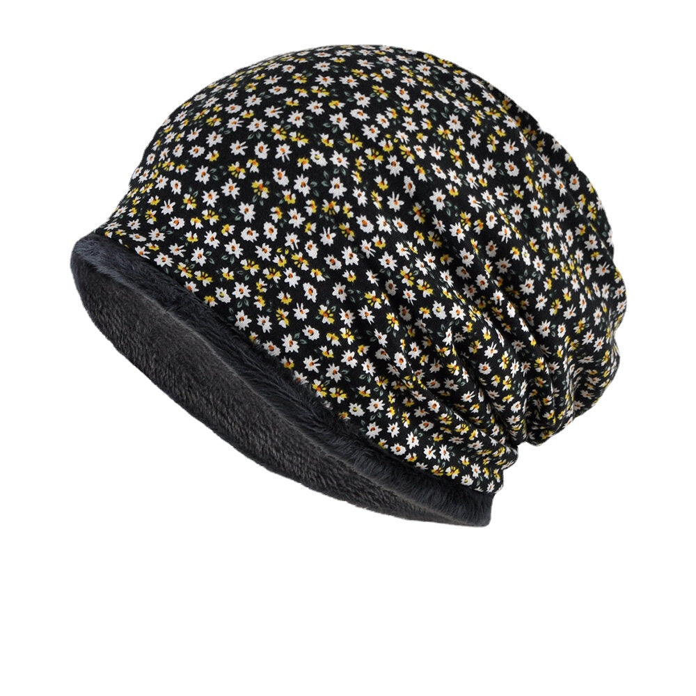 Women Cotton Plus Velvet Overlay Floral Pattern Print Warmth Windproof Dual-use Bib Scarf Beanie Hat