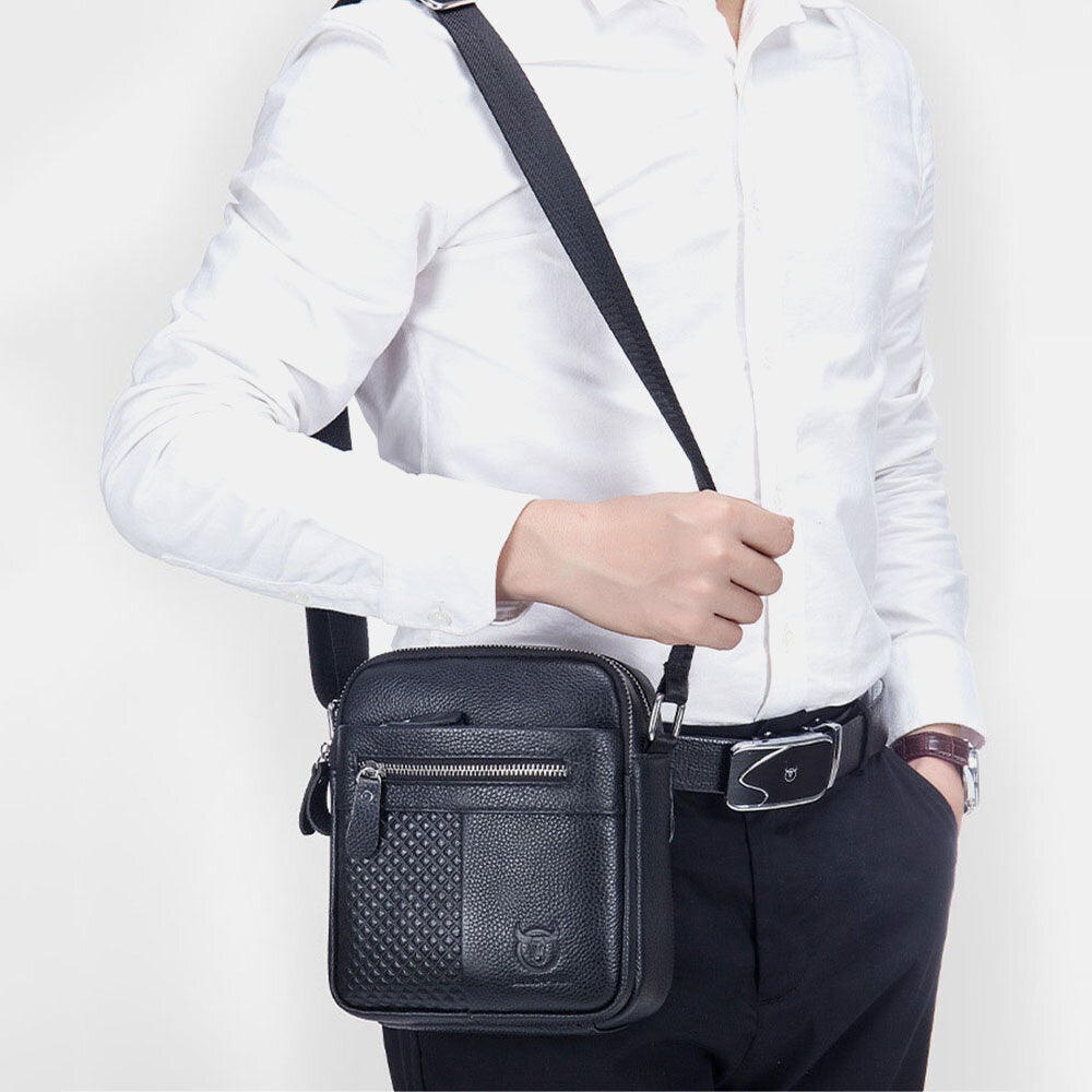 Men Retro Two Front Pocket First Layer Cowhide Crossbody Bag Casual Large Capacity 6.5 Inch Phone Shoulder