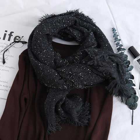 Men Women Winter Cashmere-Like Starry Dots Fringe Whisker Knit Couples Scarf Trend Solid Color Shawl
