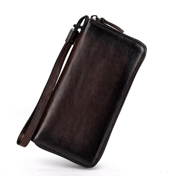 Men Genuine Leather Long Zipper Phone bag Wallet