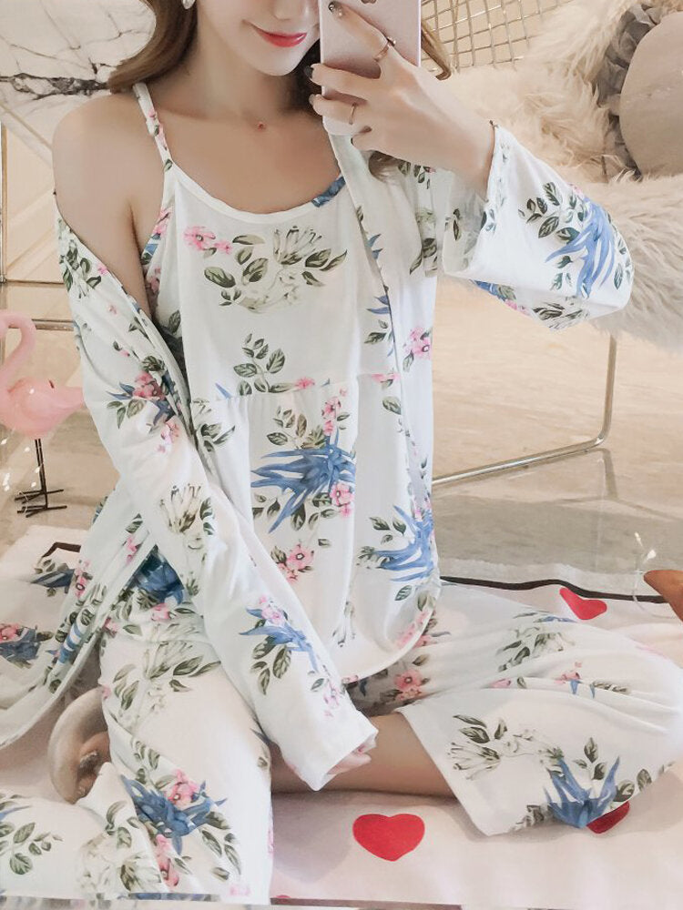 Womens Florral Print Tank Top With Robe Three Piece Home Casual Pajama Set