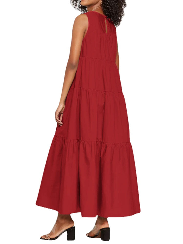 Women Casual Long Pleated Loose Midi Tank Dress With Pocket