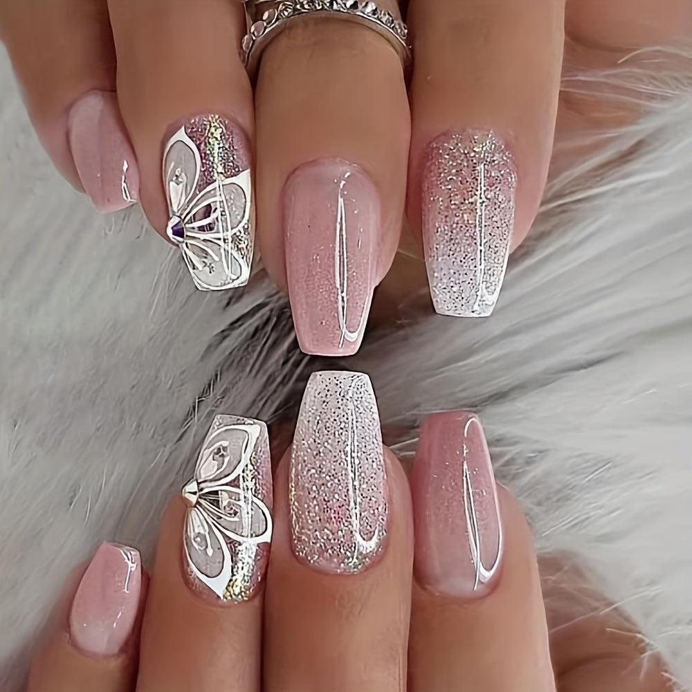 4 Packs Glitter Pink Press On Nails, Gradient Fake Nails with Flower Rhinestone Design, Medium Ballet Glue On Nails Set