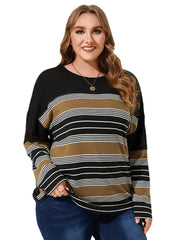 Plus Size Crew Neck Striped Long Sleeves Tee