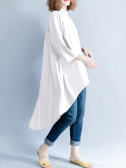 Solid Irregular Hem Button Stand Collar Blouse