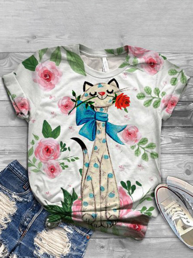 Women Cute Cat Floral Print Round Neck Casual Short Sleeve T-Shirts