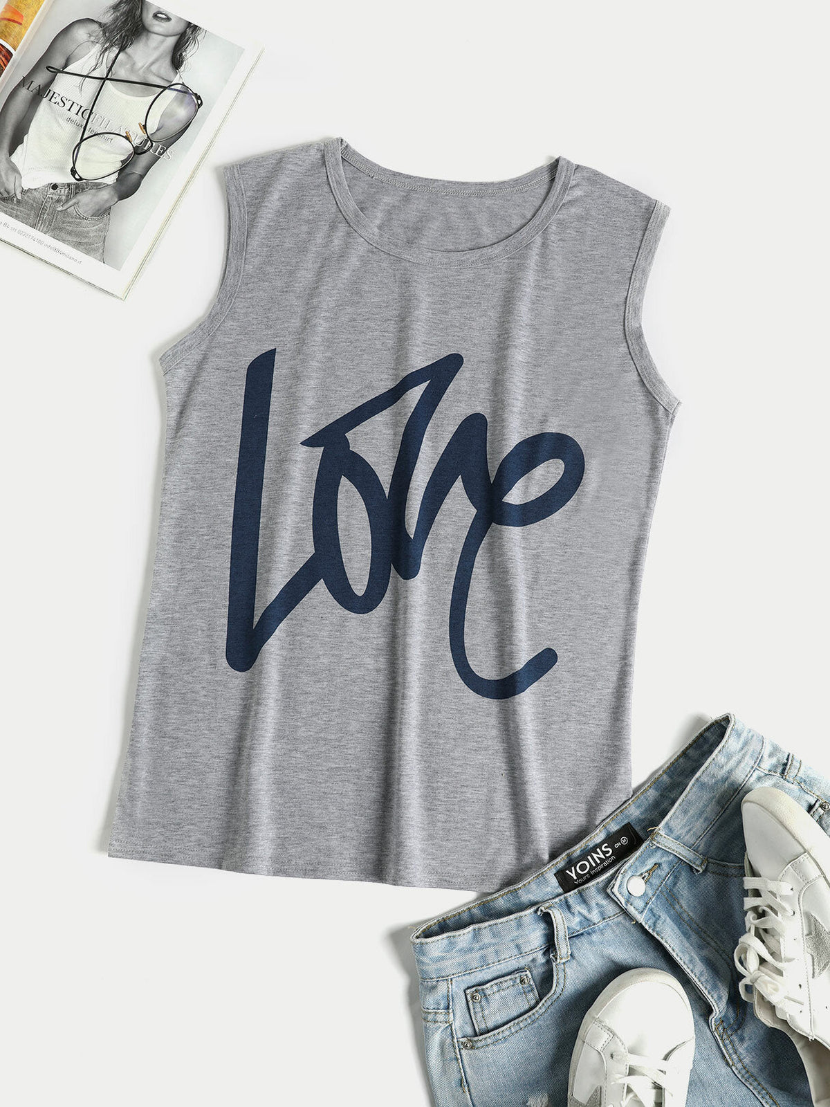 Grey Letter Pattern Round Neck Sleeveless Basic Casual Tank Top