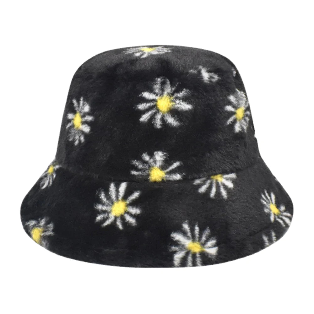 Women Lamb Hair Soft Warm Plus Thicken Casual All-match Cute Daisy Flower Pattern Bucket Hat