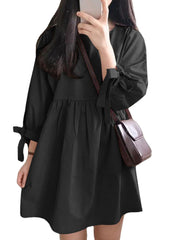 Women Solid Color Pleating Knotted 3/4 Sleeve O-Neck Casual Daily Loose Mini Dress