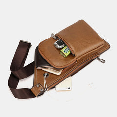 Men Retro PU Leather Headphone Hole Design Chest Bag Multi-pocket Waterproof Zipper Crossbody Shoulder