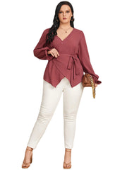 Plus Size V-neck Belt Design Button Design Blouse