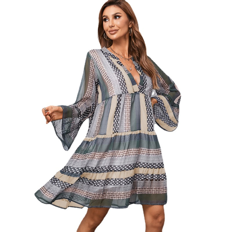 Long Sleeve Thin Fashion Pullover Deep V-Knee Dress