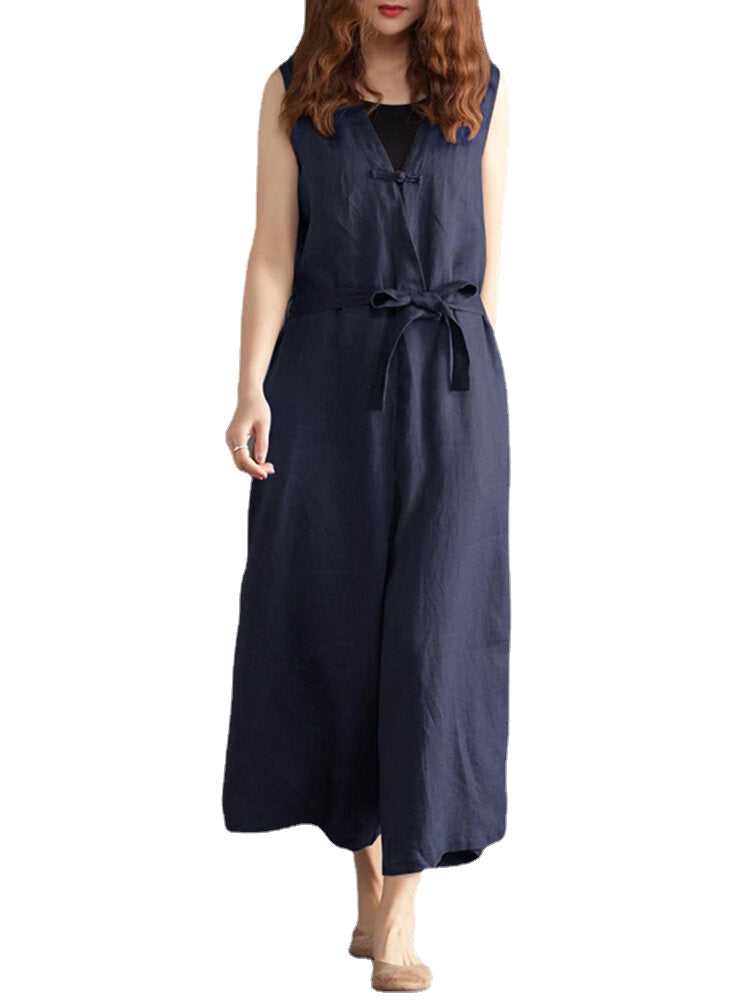 Women Wide Leg Cotton Solid Color V-Neck Sleeveless Jumpsuit with Pockets