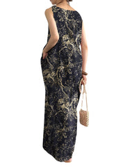 Sleeveless Round Neck Pocket Print Floral Maxi Dress