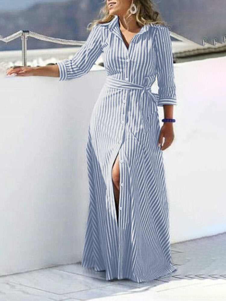 Women 100% Cotton Classical Striped Print Lapel Button Front Lace-Up Casual Shirt Dress