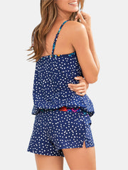 Women Polka Dot Ethnic Print Wireless Backless Strappy Tankinis Swimwear