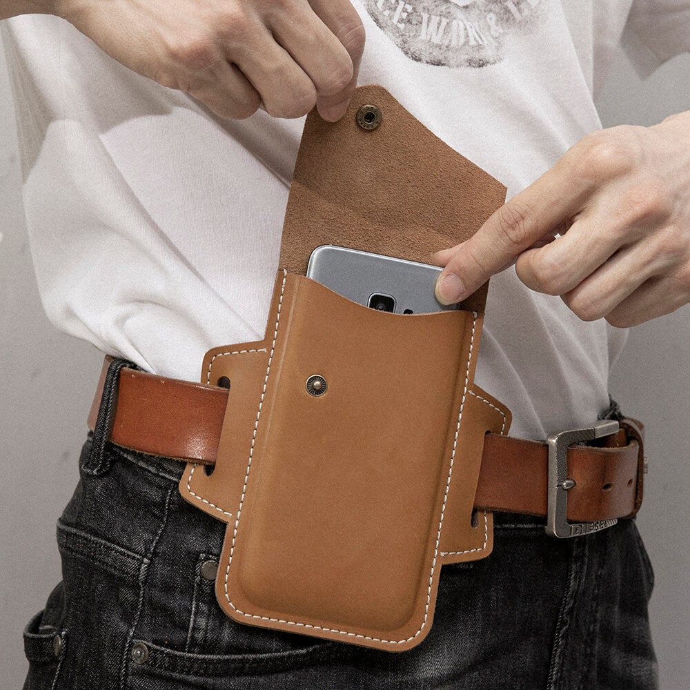 Men Genuine Leather Vintage 6.3 inch Phone Bag Waist Belt