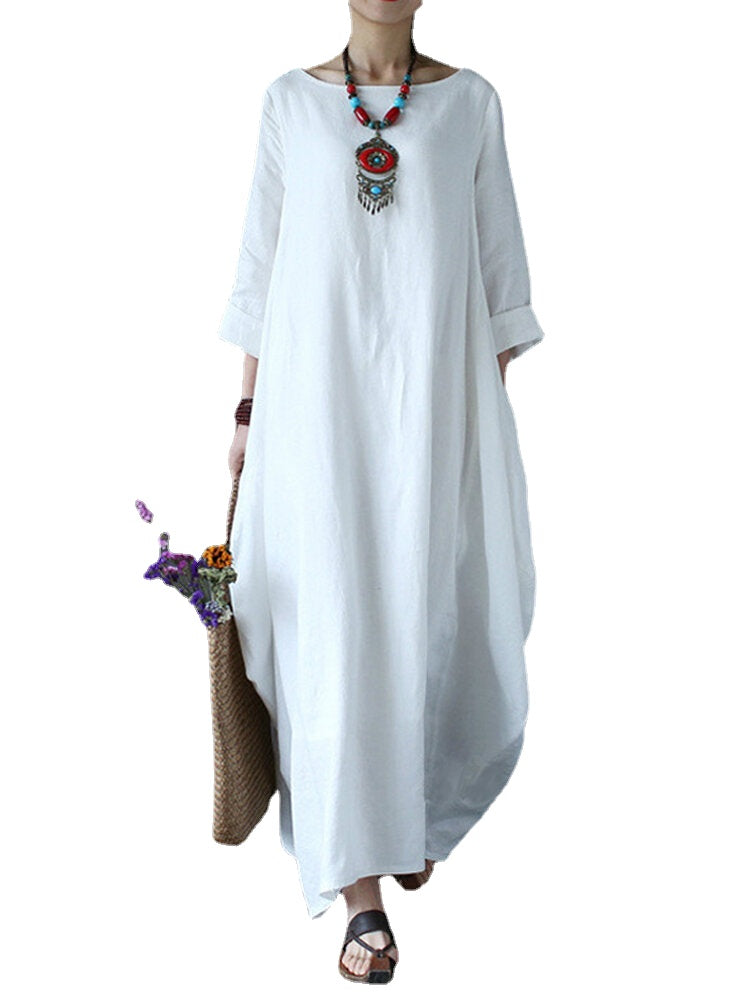 L-5XL Casual Women Loose Solid Color Baggy 3/4 Sleeve Maxi Dress(No Pocket)