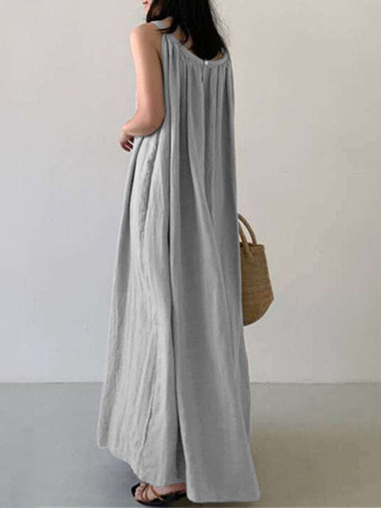 Solid Color Sleeveless Loose Cotton Maxi Dress