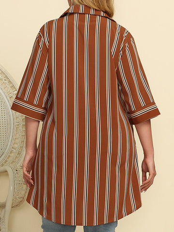 Plus Size Women Stripe Half Button High Low Vintage Half Sleeve Blouses
