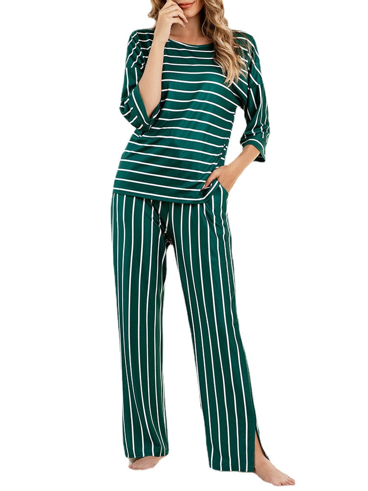 Women Stripe Print Round Neck Tops Pocket Pants Home Two Picece Pajama Set