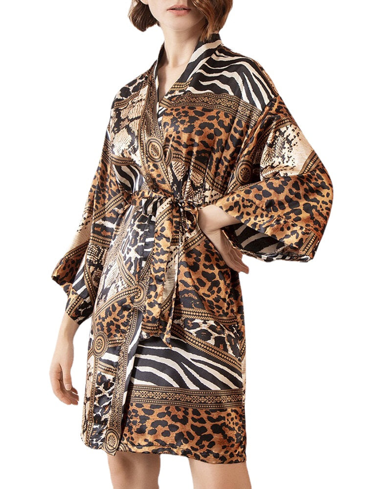 Women Vintage Style Leopard Patchwork Zebra Print Long Sleeve Home Faux Silk Sleepwear Robes