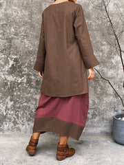 Women Contrast Color Patchwork V-Neck Button Loose Long Sleeve Maxi Dress