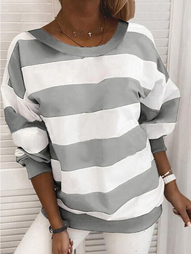 Women Cotton Horizontal Stripe Crew Neck Loose Sweatshirts