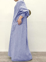 Stripe Print Button V-neck Long Sleeve Loose Shirt Dress