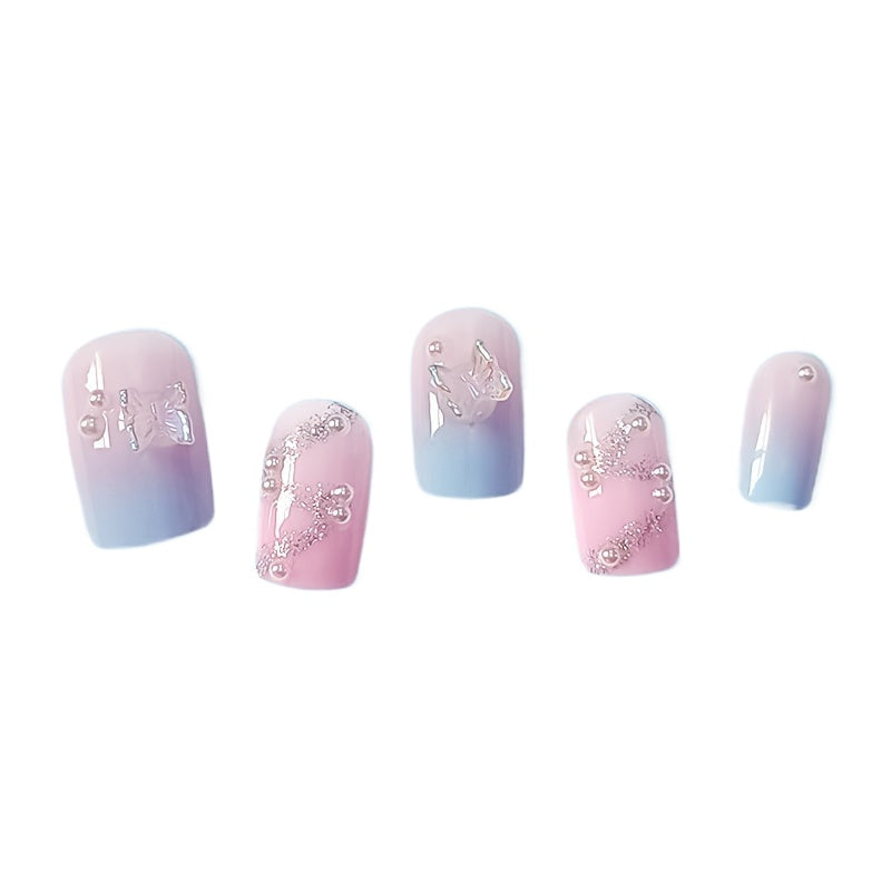 Aurora Pink Press-On Nails, 24-Piece: Elegant Short Square with 3D Butterfly & Pearls - Easy Application for Daily & Special Occasions