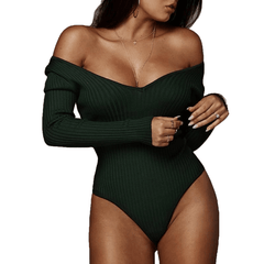 Off Shoulder Ribbed Knitted Sexy Bodysuit Women Black V Neck Summer Slim Rompers Womens Jumpsuit Winter Basic Bodysuits