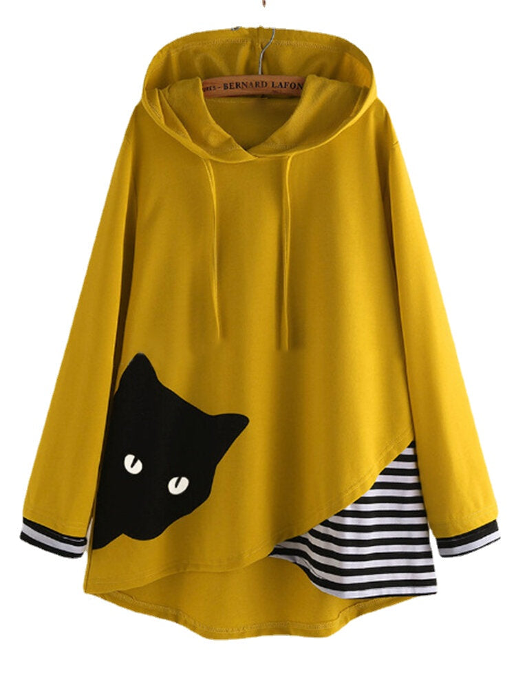 Cartoon Cat Print Stripe Patchwork Hooded Casual Sweatshirt