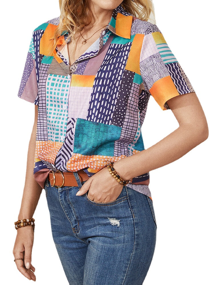 Geometric Print Lapel Button Short Sleeve Casual Blouse For Women