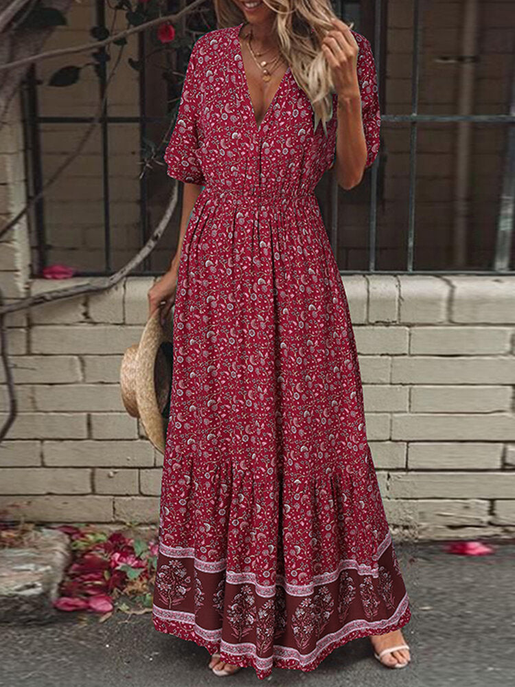 Retro Floral Print V-neck Short Sleeve Elastic Waist Bohemian Holiday Maxi Dress