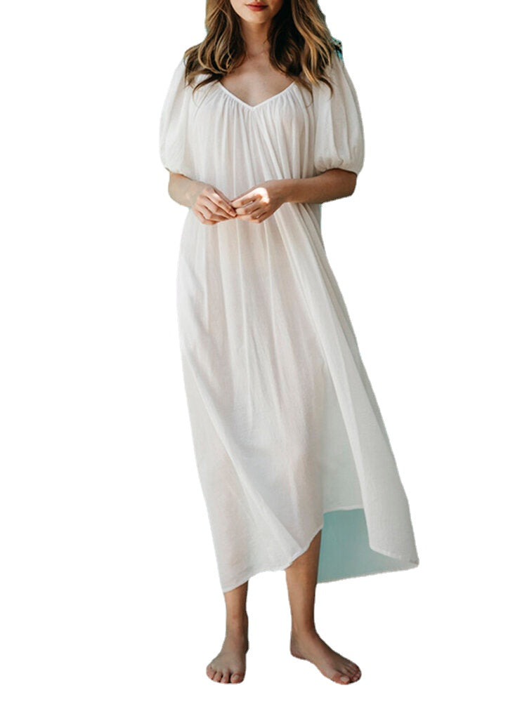 Solid Puff Sleeve Pleated Daily Casual Chiffon Maxi Dress