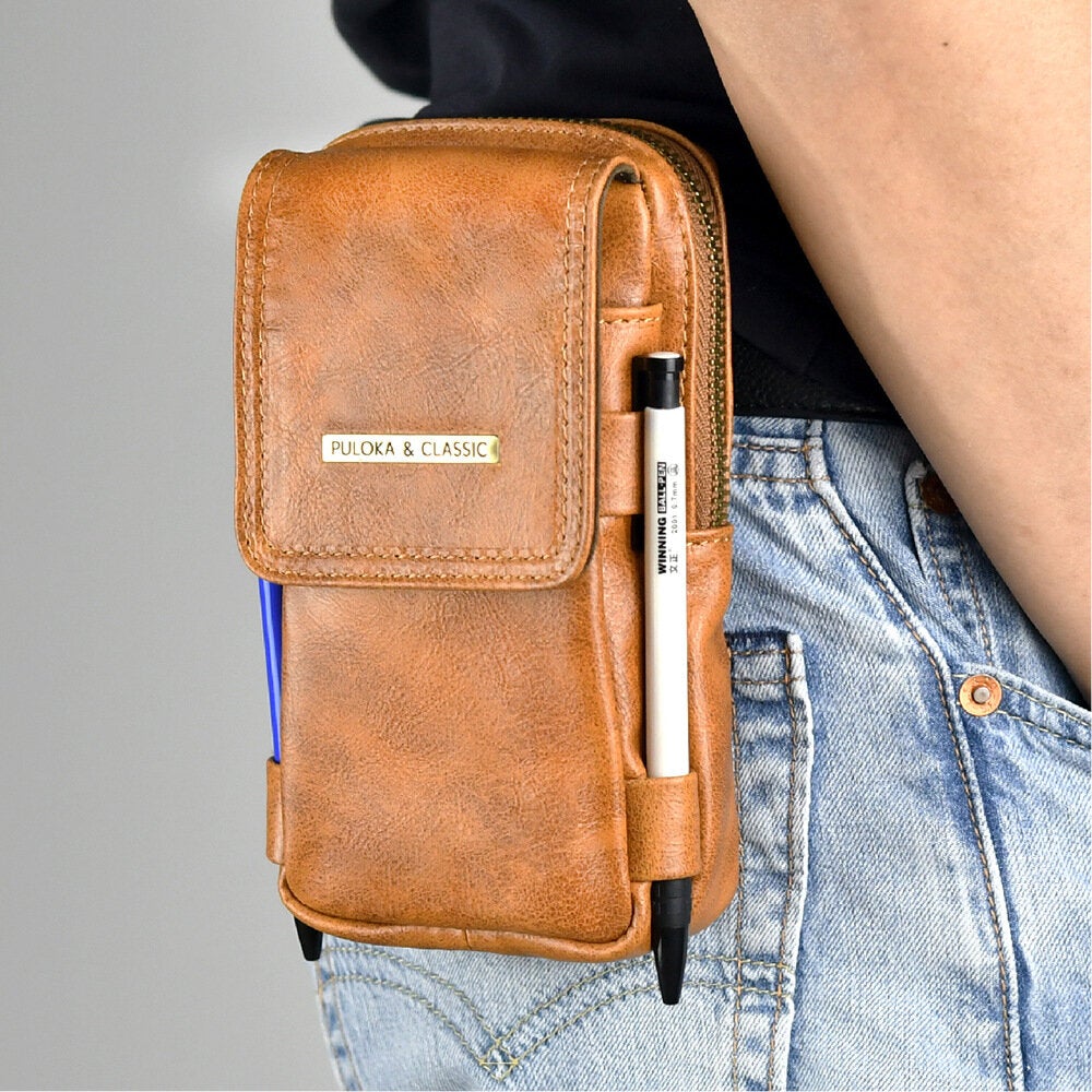 Men Large Capacity 6.5 Inch Phone Bag Retro PU Leather Flap-Over Belt Waist With Hook