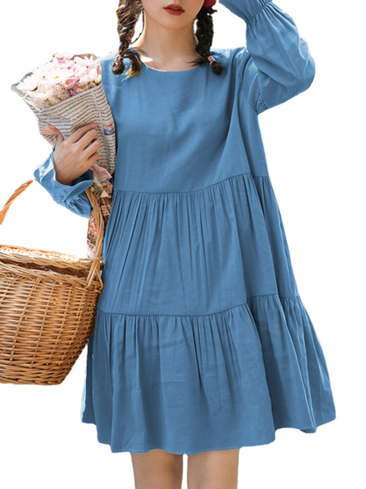 Women Cotton Solid Color Pleats O-neck Long Sleeve Casual Dress