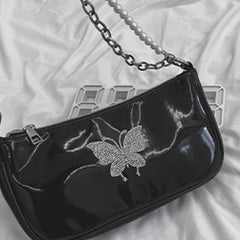 Women PU Leather Pearls Rhinestone Chain Butterflies Pattern Small Square Handbag Shoulder Bag