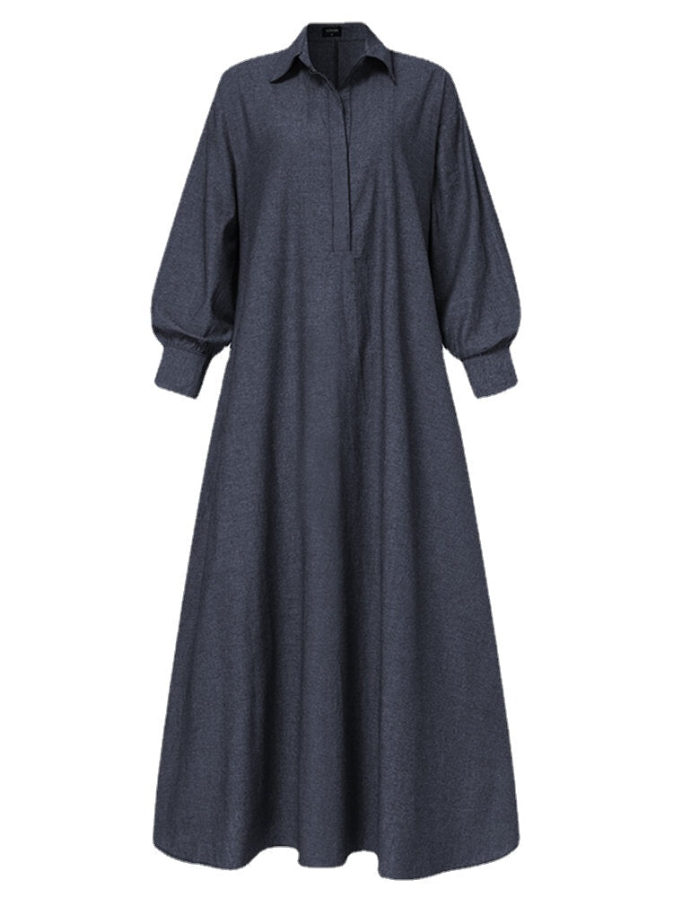 Women Lapel Concealed Button Placket Casual Long Sleeve Maxi Dresses With Pocket