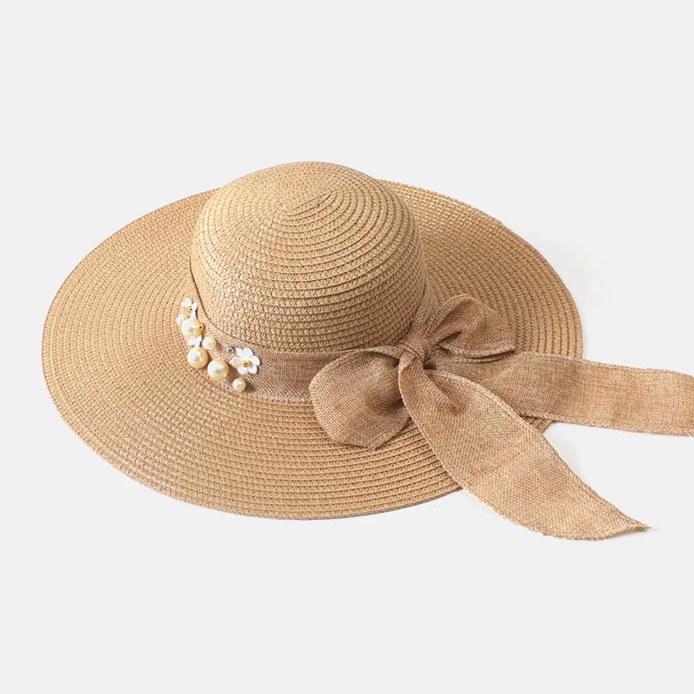 Women Straw Solid Color Elegant Big Brim Pearl Bowknot Wavy Edge Visor Sun Hat Beach Hat Bucket Hat