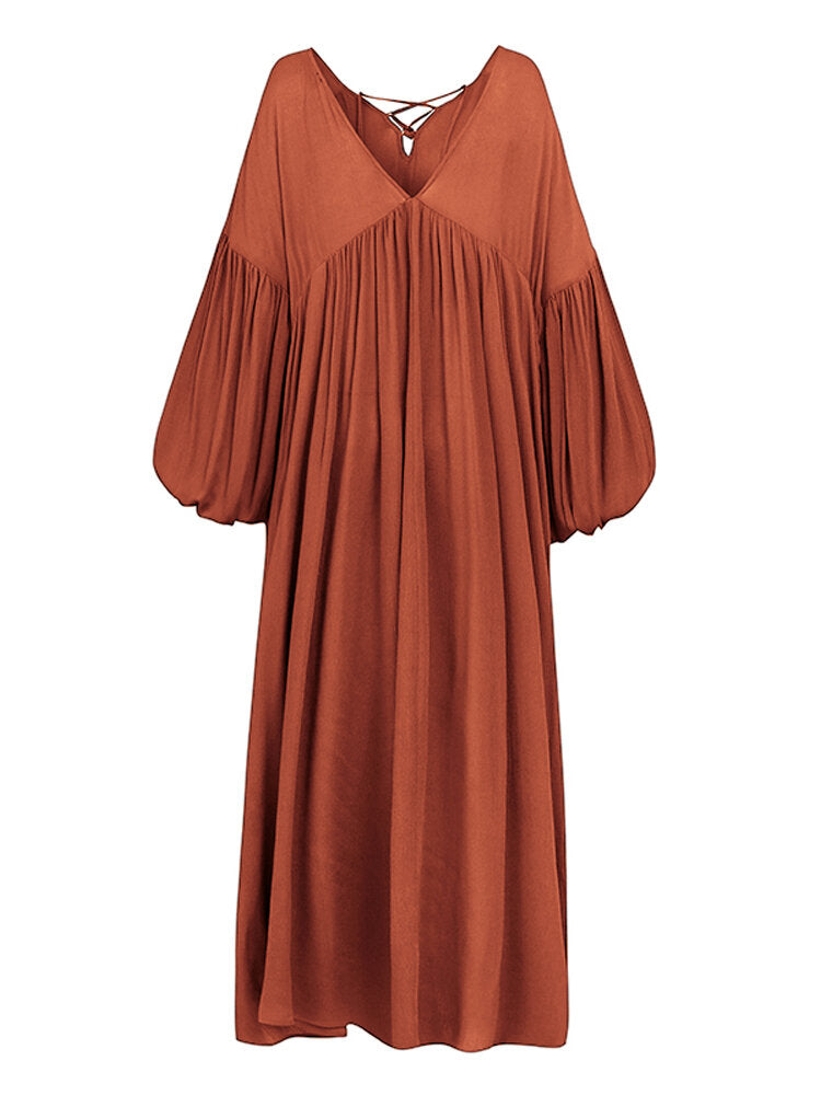 Women Solid Color V-Neck Tie Bubble Sleeves Pleated A-line Maxi Dresses