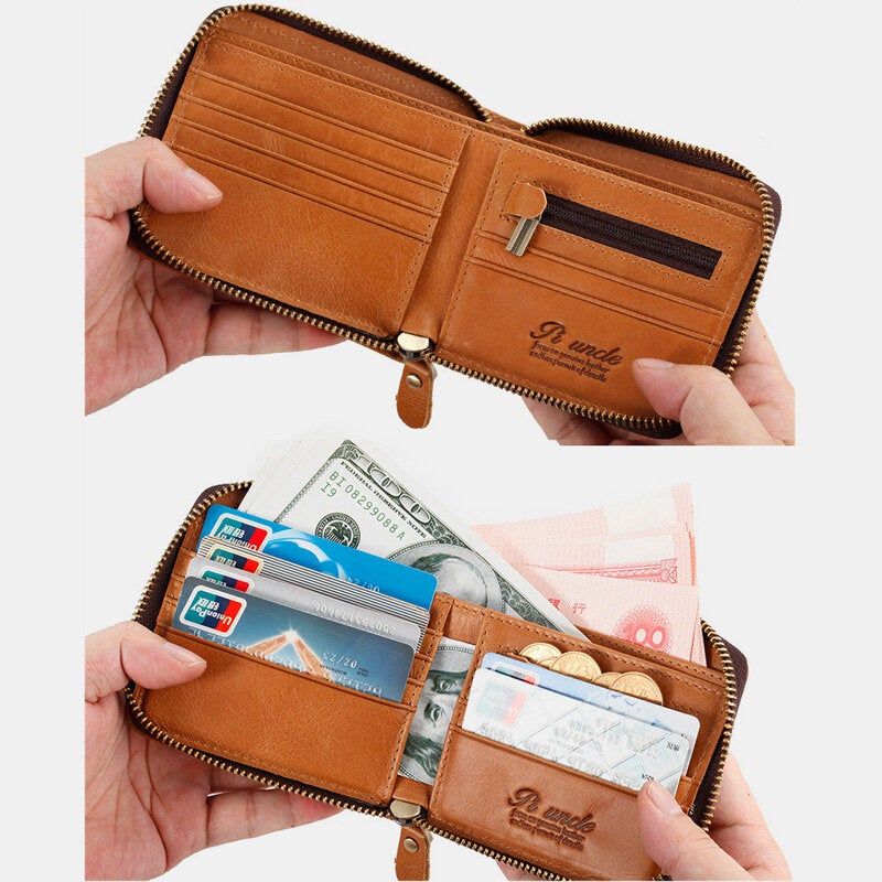 Men Genuine Leather Multifunction Anti-theft Swipe Card Coin Purse RFID Blocking Bifold Zipper Hasp Wallets Multi-card Slot Holder