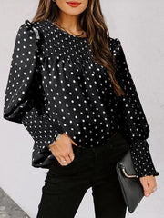 Polka Dot Print Long Sleeve O-neck Pleated Blouse