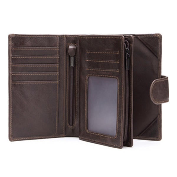 Men Passport Bag 9 Card Slots Photo Holder Genuine Leather Oil Wax Business Short Wallet