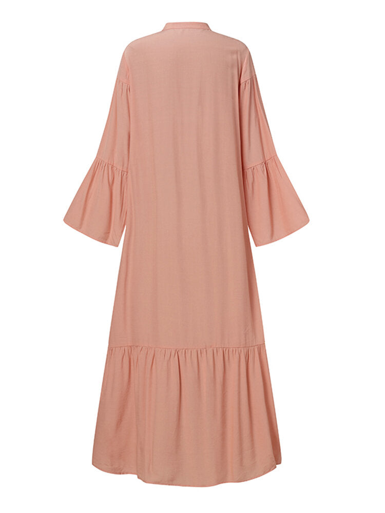 Women Tiered Button Up O-Neck Pleated Casual Flare Sleeve Maxi Swing Dresses