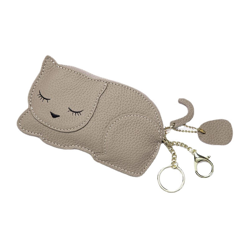 Women Genuine Leather Casual Cute Animal Nap Cat Pattern Mini Keychain Coin Storage Bag