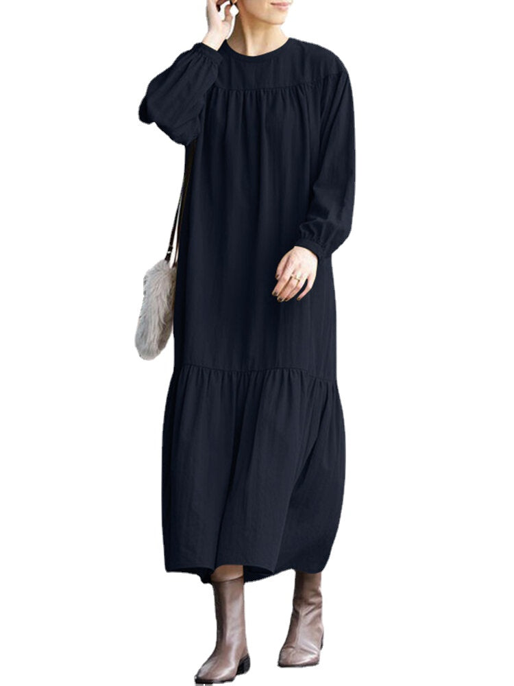 Women Cotton Solid Color Round Neck Long Sleeve Pleated Maxi Dresses