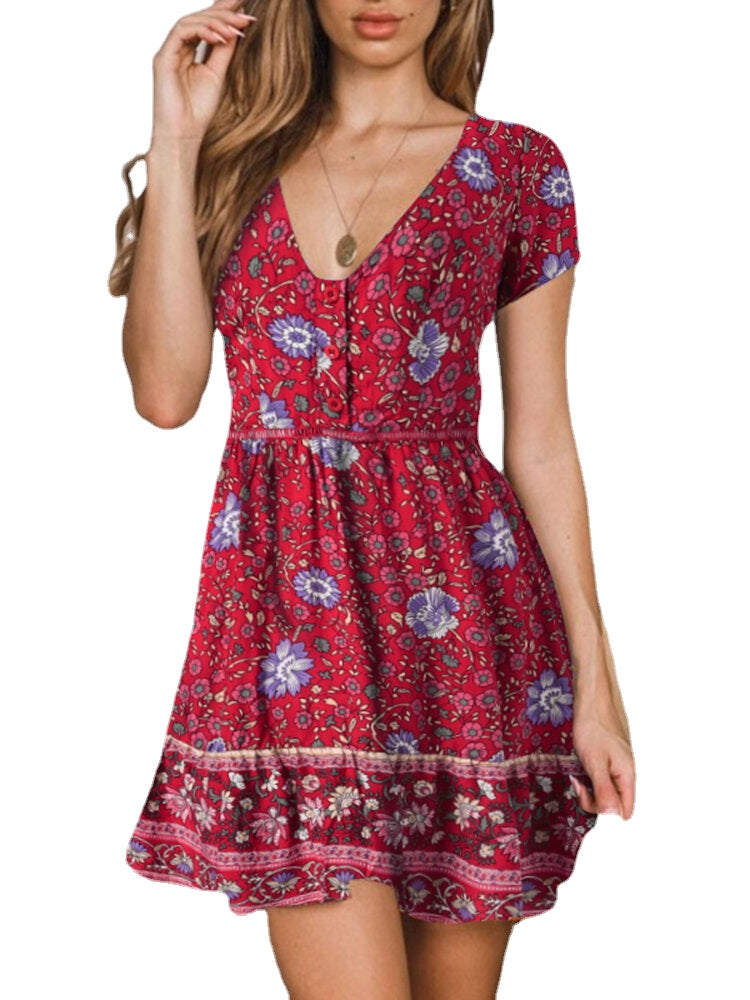 Ethnic Print Patchwork V Neck Zip Button Print Dress